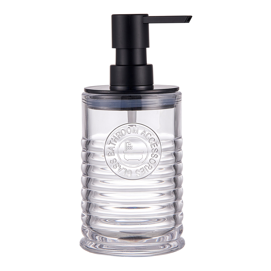 Sklenený dávkovač mydla drážkovaný s prsteňmi 18,5 cm