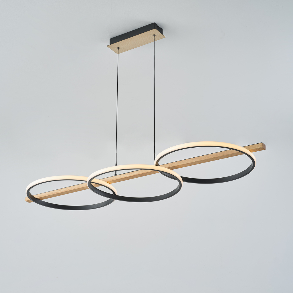 Závesné LED svietidlo 3 krúžky svetlé drevo čierne ALMERIA