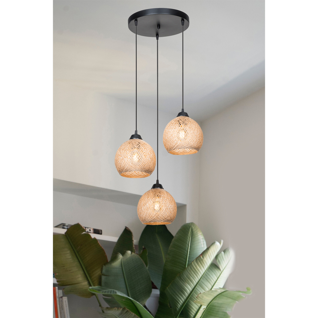 Závesné svietidlo YUMAK 3 boho pletené béžovo-čierne