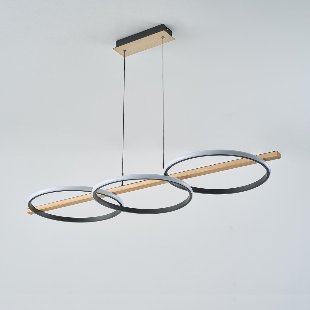 Závesné LED svietidlo 3 krúžky svetlé drevo čierne ALMERIA