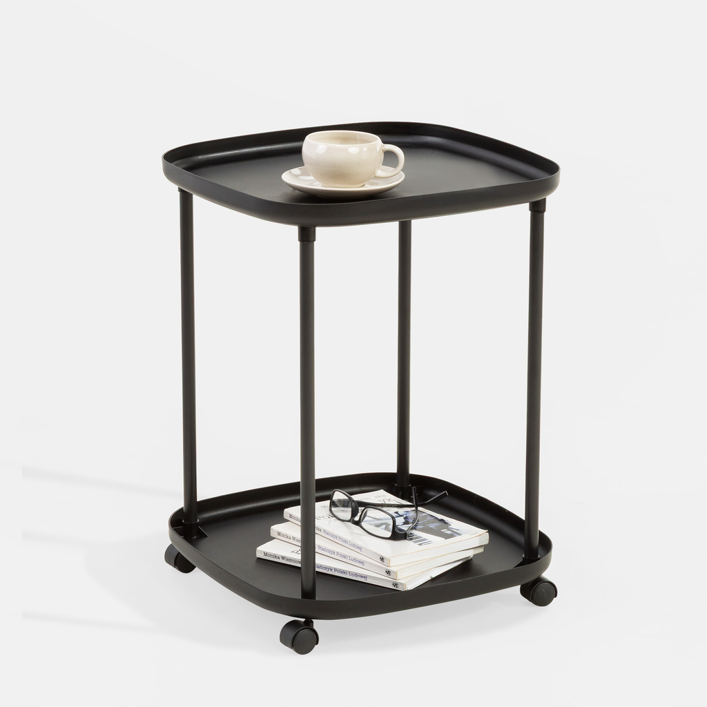 Príručný stolík na kolieskach s 2 poličkami, čierny, 39x50 cm