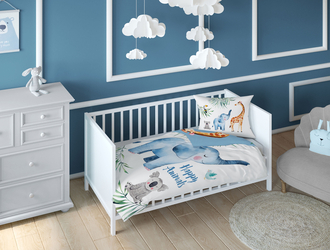 Detská bambusová posteľná bielizeň do postieľky modrý SLON/ŽIRAFA 90x120 cm