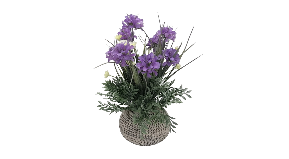 Sztuczny kwiat w doniczce fioletowy 35 cm do salonu lub sypialni. 