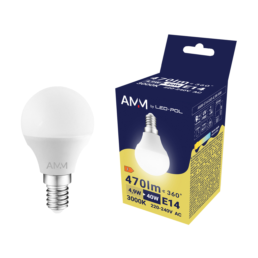 LED žiarovka E14 4,9 W teplej farby AMM-E14-G45-4,9W-WW