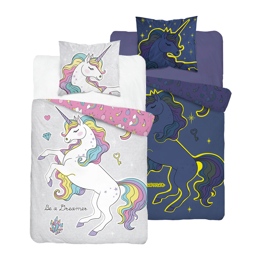 Detské obliečky so svietiacim efektom ružové FLUO JEDNOROŽEC 140x200 cm