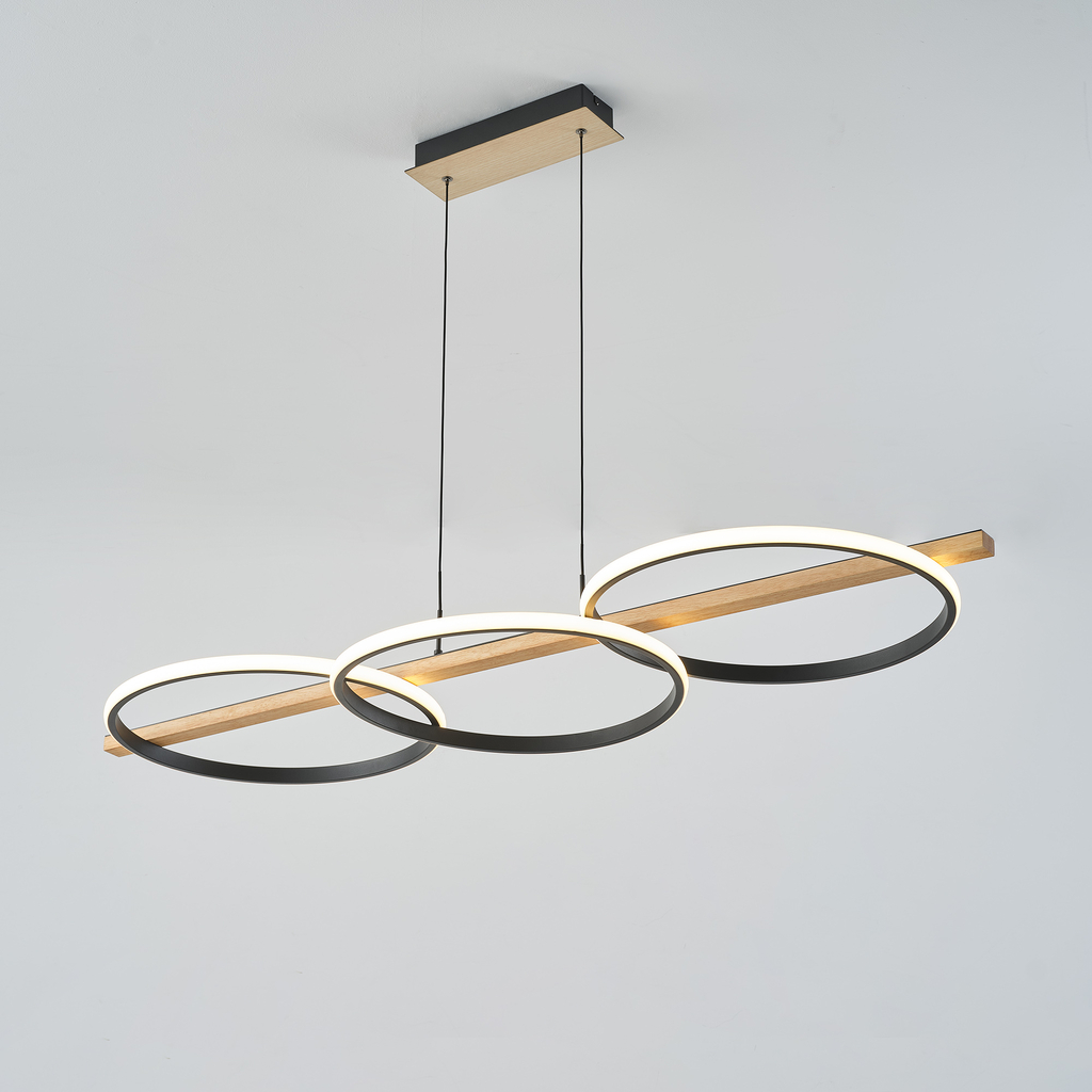 Závesné LED svietidlo 3 krúžky svetlé drevo čierne ALMERIA