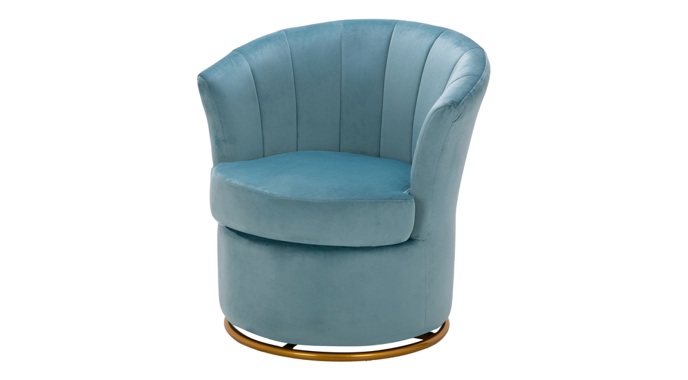 Fotel muszla niebieski z welurową tapicerką.
