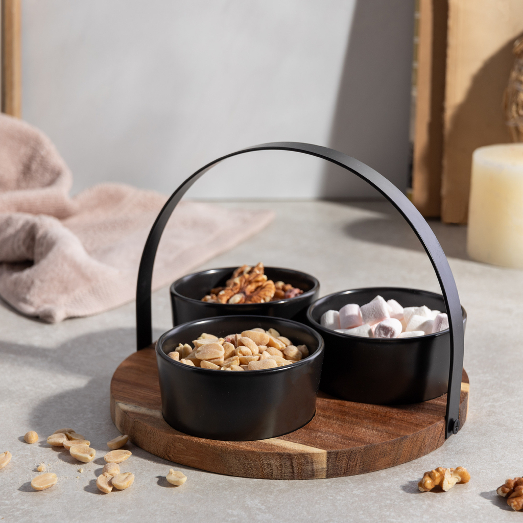 Súprava 3 misiek na akáciovom podstavci s rukoväťou 20 cm