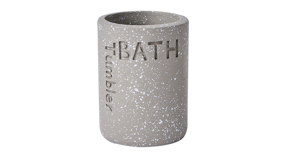 Kúpeľňový pohár na kefky cement s nápisom bath sivý 10,2 cm