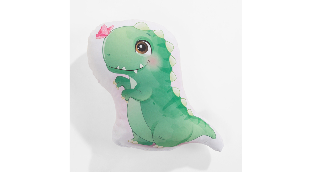 Poduszka przytulanka dla dziecka z zielonym dinozaurem z motylkiem na nosie