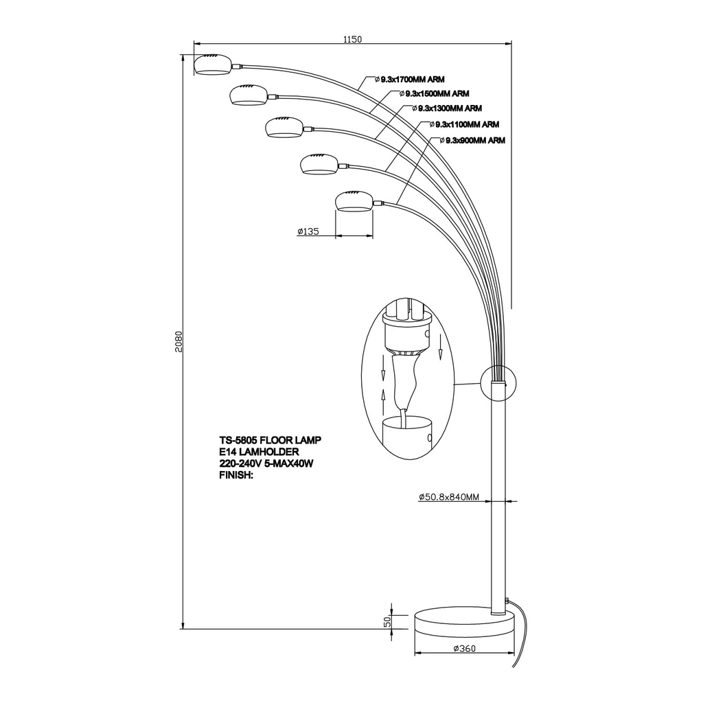 Mderná čierno-zlatá stojacia lampa BRANCA 5