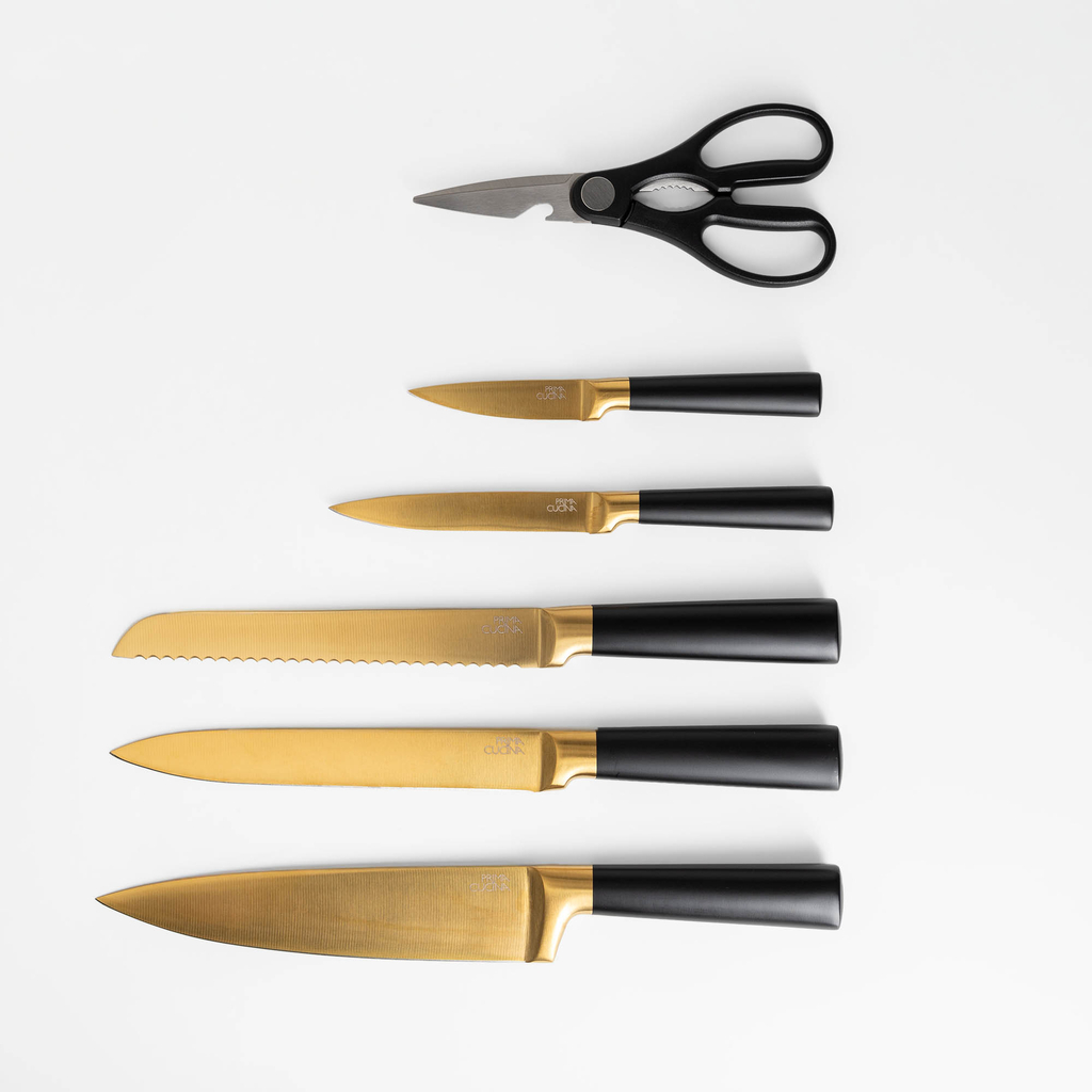 Súprava zlatých nožov v bloku COMO 8-dielna