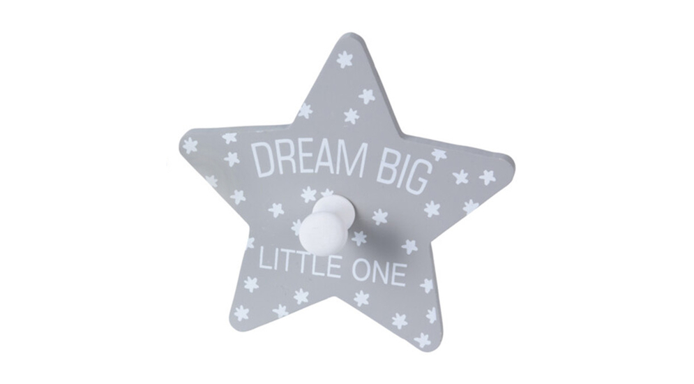 Sivý vešiak STAR do detskej izby s bielymi hviezdičkami 11x12 cm
