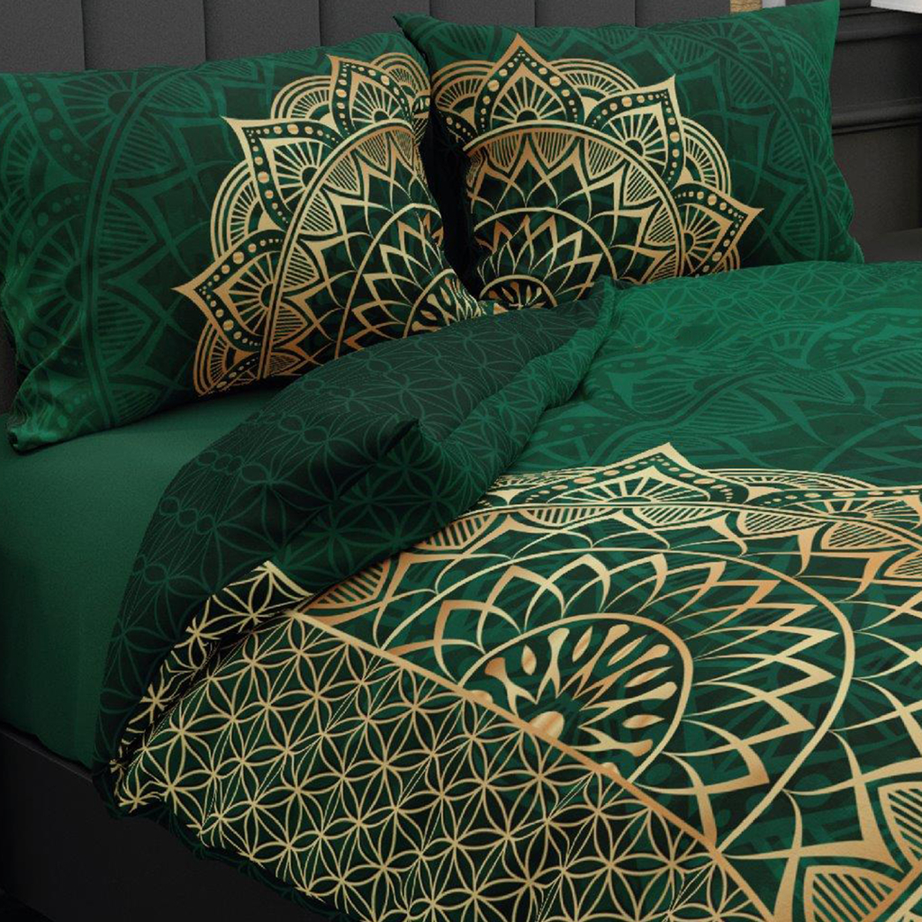 Súprava posteľnej bielizne z bavlneného saténu zelená MANDALA 220x200 cm