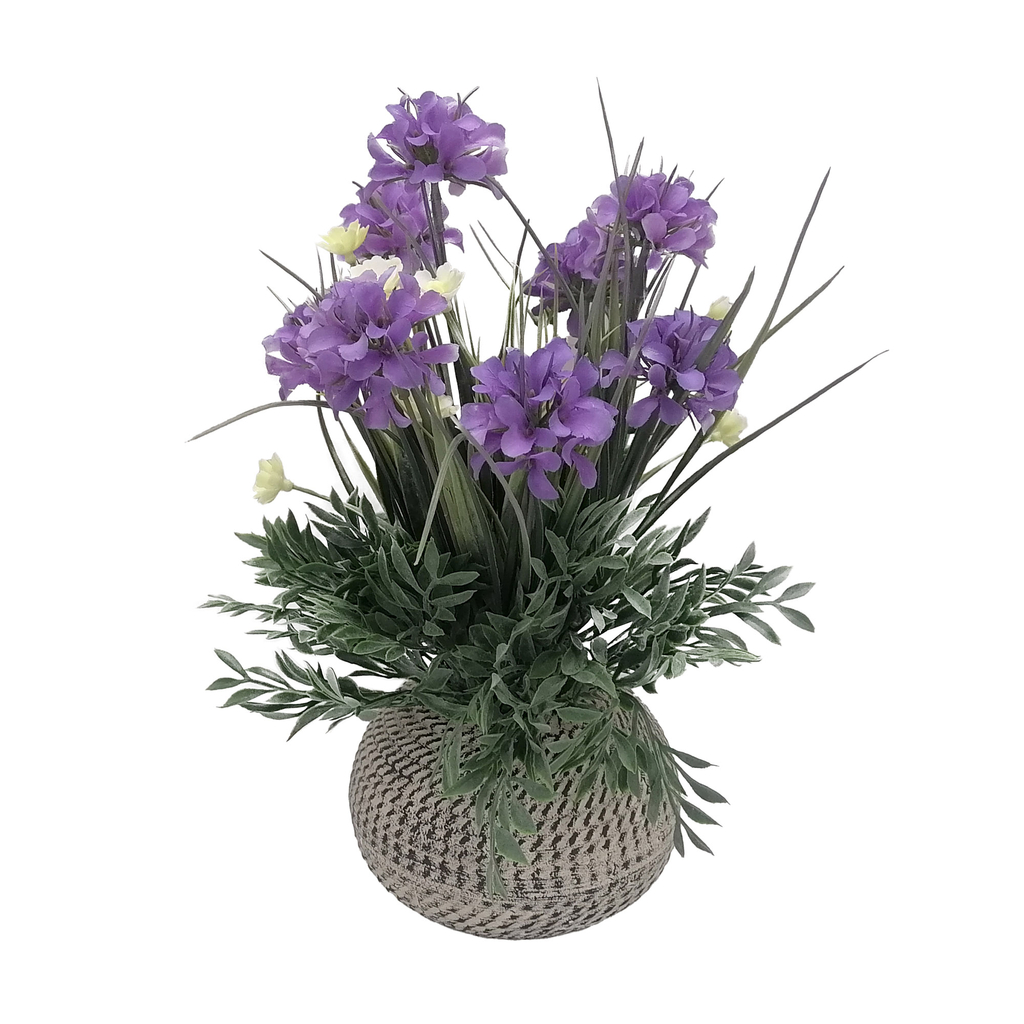 Sztuczny kwiat w doniczce fioletowy 35 cm do salonu lub sypialni. 