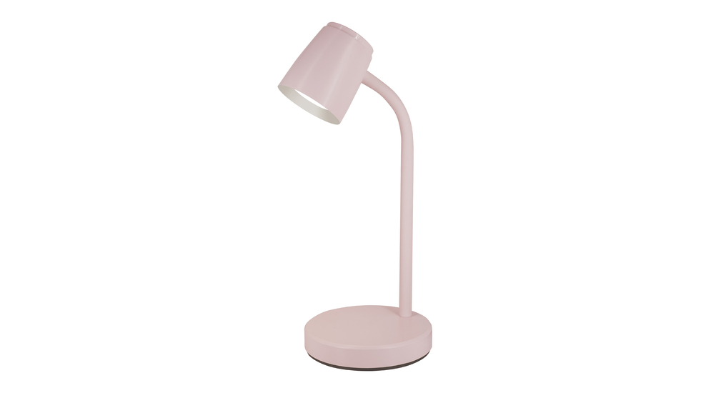 Różowa lampa ORO VERO ma okrągłą podstawę o średnicy 14 cm, elastyczne ramię i klosz z wbudowanym oświetleniem LED.