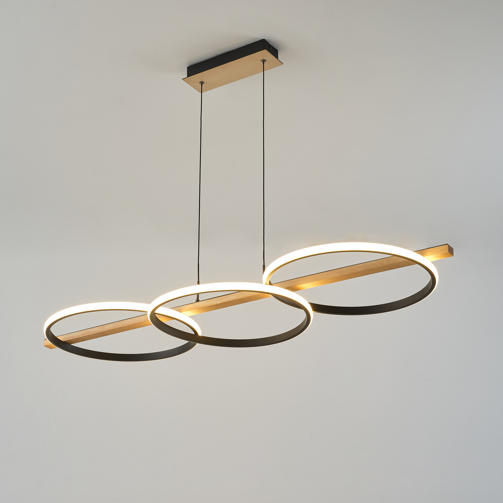 Závesné LED svietidlo 3 krúžky svetlé drevo čierne ALMERIA