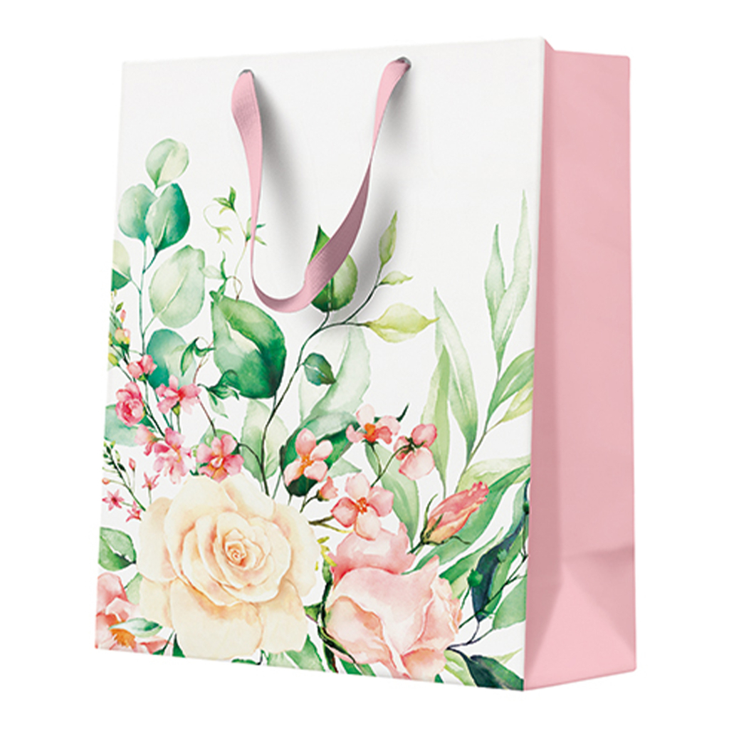 Biało-różowa torba na prezent w róże i zielone listki