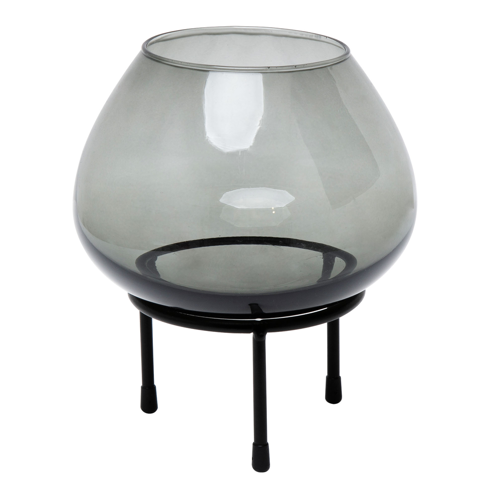 Svietnik zo sivého skla na kovovom stojane 24 cm