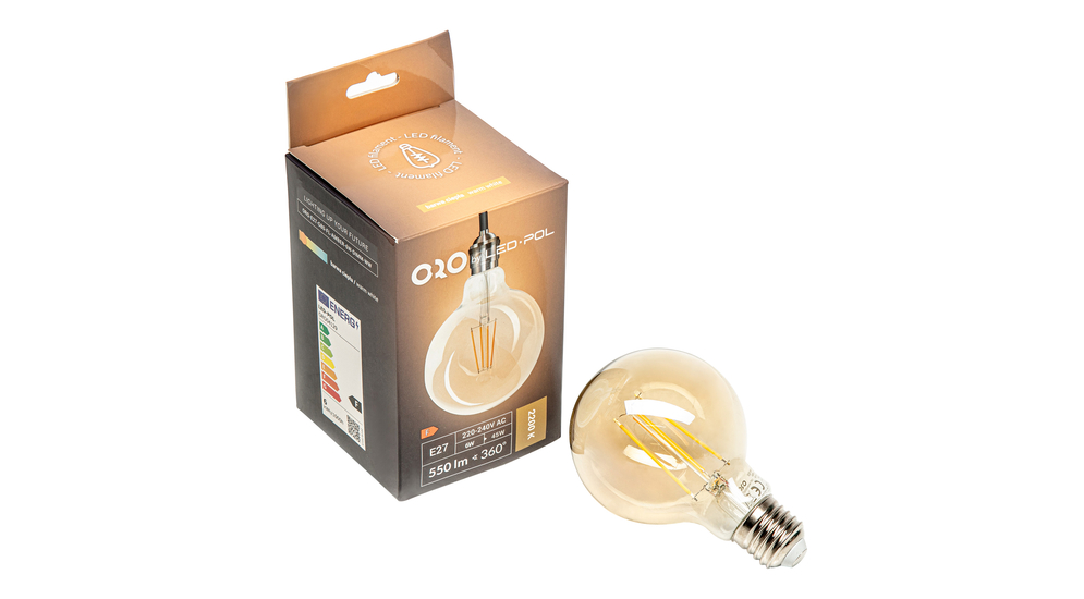 Dekoratívna LED žiarovka E27 6W teplá farba ORO-E27-G80-FL-AMBER-6W-DIMM