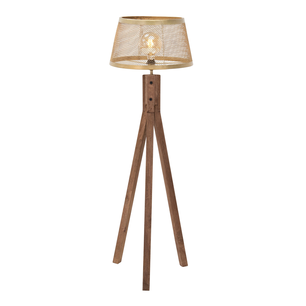 Lampa na drevenej trojnožke tienidlo mosadz FREDERIK