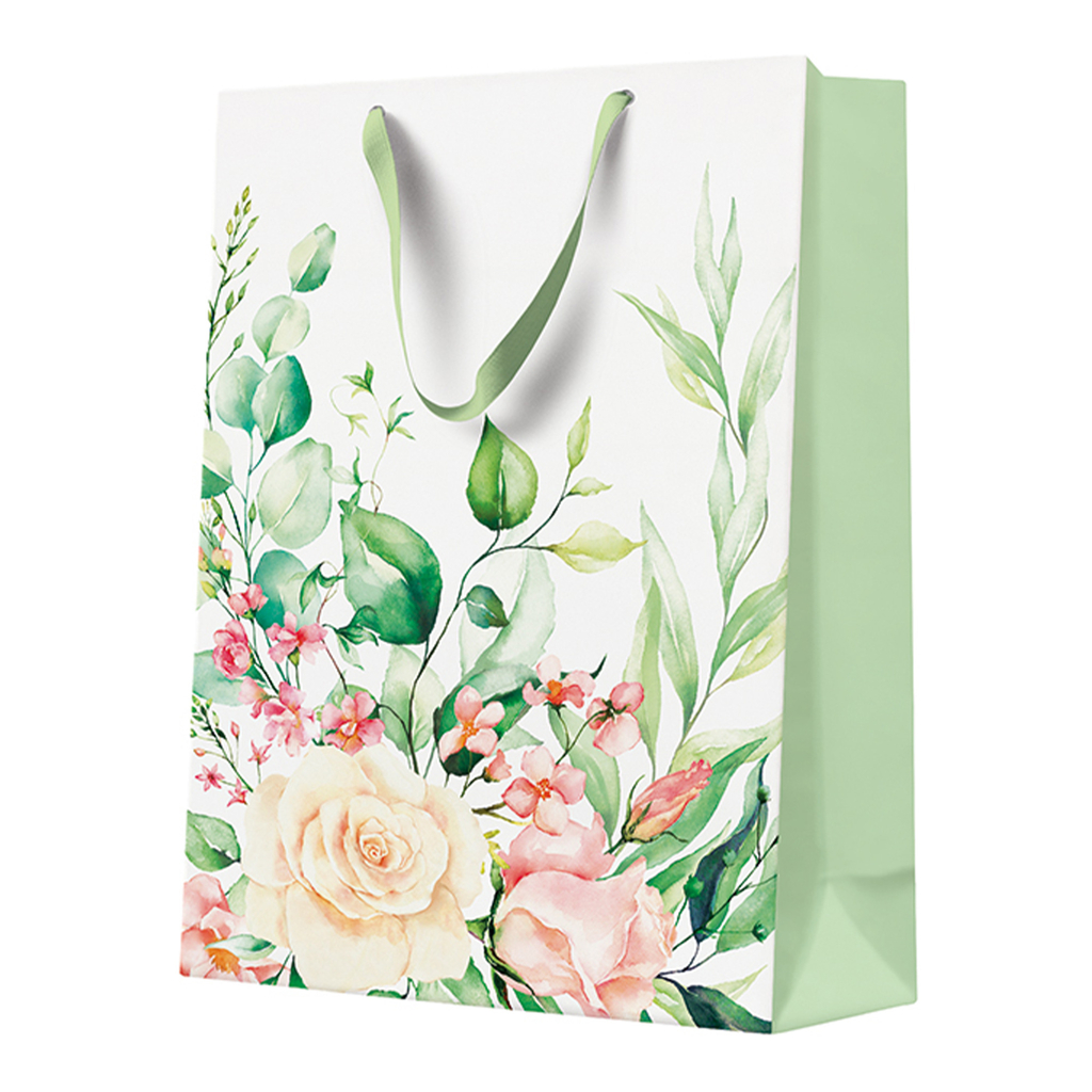 Biała-zielona torba na prezent w róże i zielone listki 