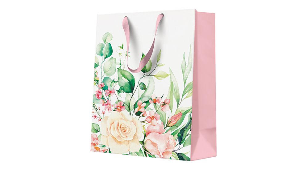 Biało-różowa torba na prezent w róże i zielone listki