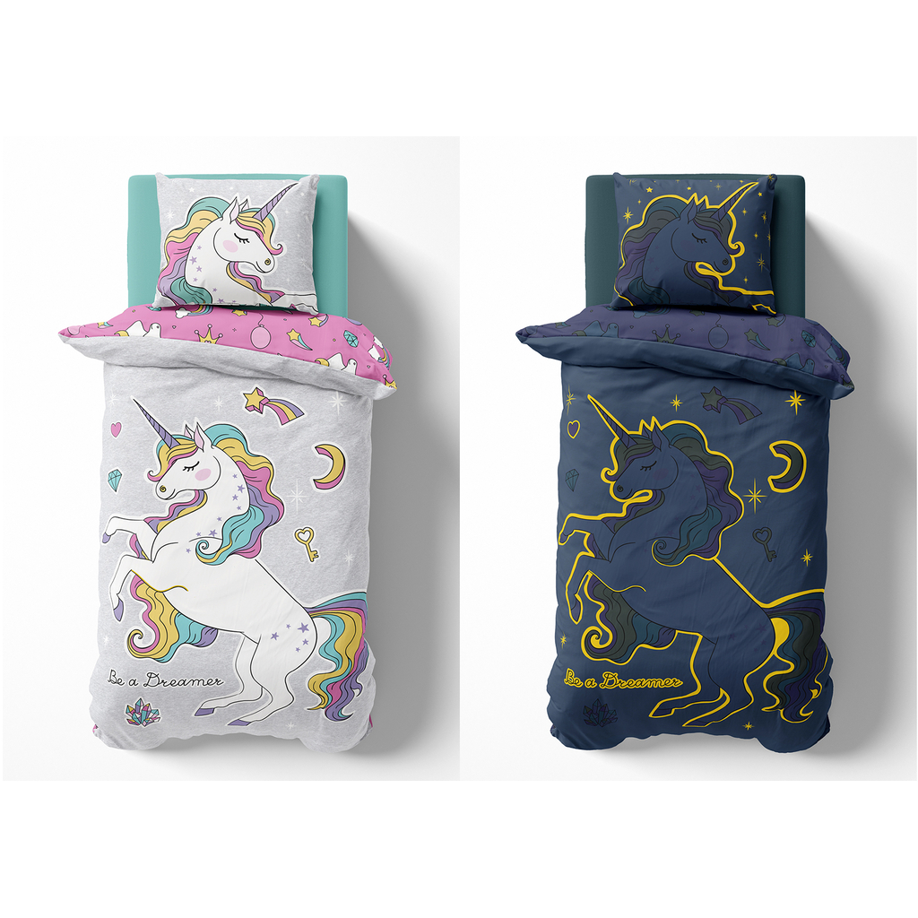 Detské obliečky so svietiacim efektom ružové FLUO JEDNOROŽEC 140x200 cm