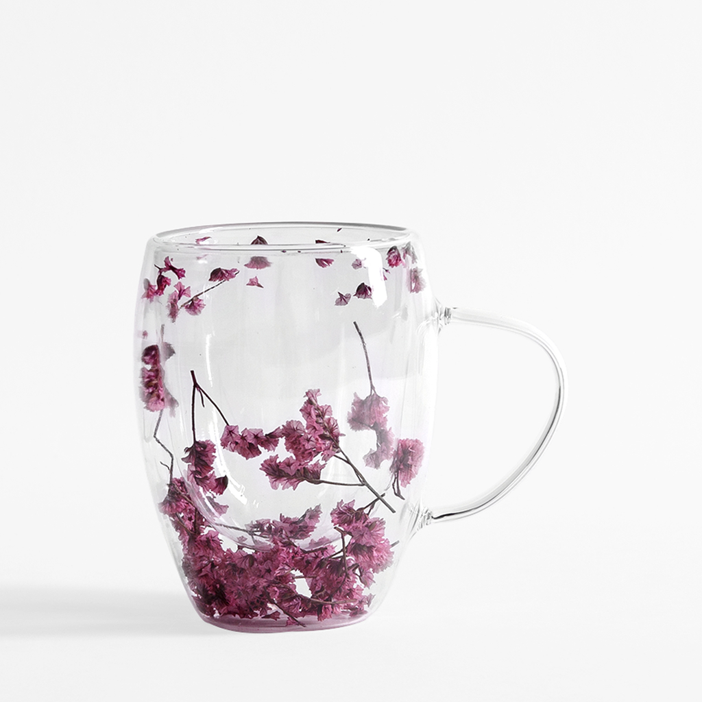 Dvojstenný sklenený hrnček RUŽOVÉ KVETY 350 ml