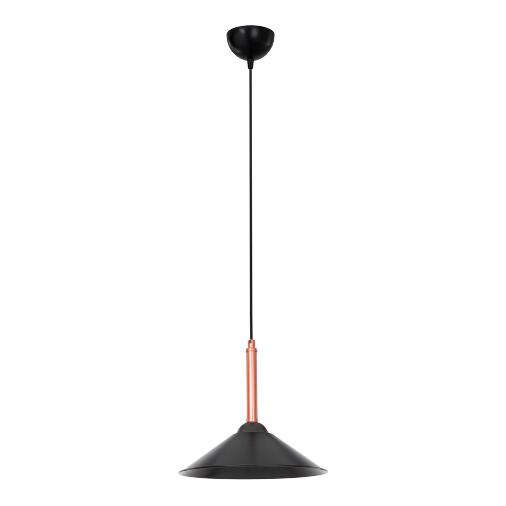 MANDARIN I to pojedyncza lampa wisząca z trapezowym kloszem oraz dekoracyjnym elementem w miedzianym kolorze.