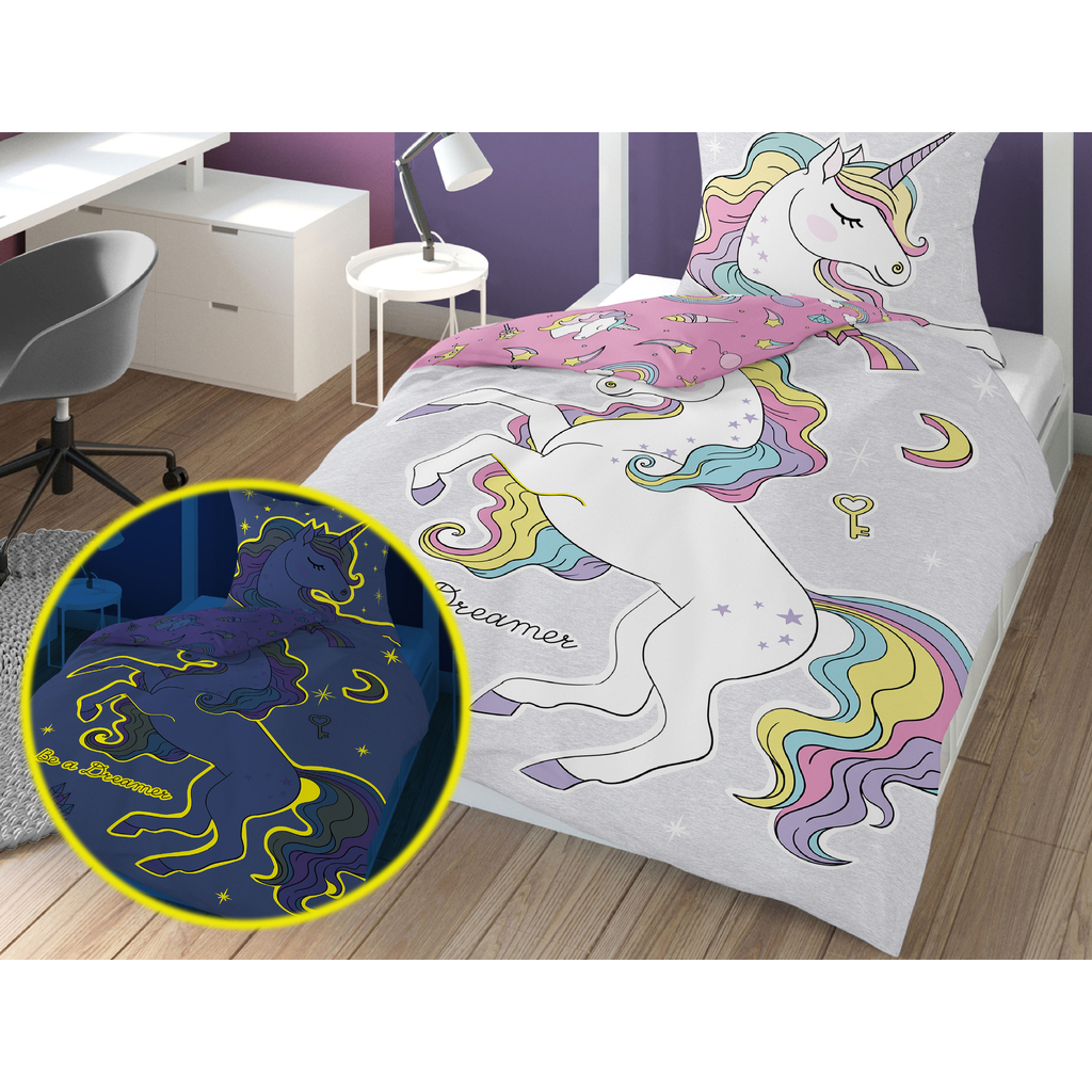 Detské obliečky so svietiacim efektom ružové FLUO JEDNOROŽEC 160x200 cm