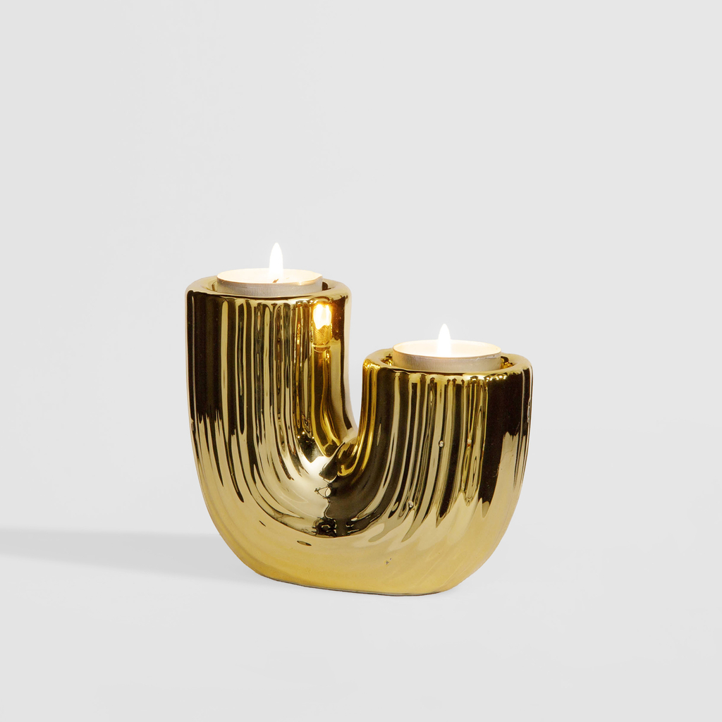 Zlatý dekoratívny svietnik na 2 čajové sviečky