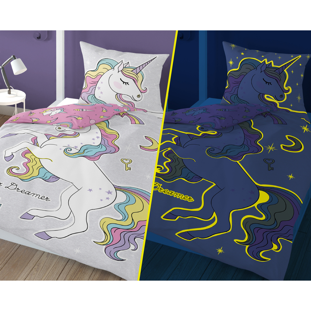 Detské obliečky so svietiacim efektom ružové FLUO JEDNOROŽEC 140x200 cm