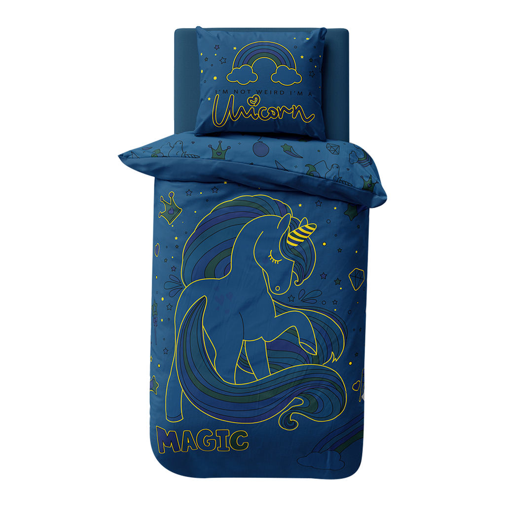 Bavlnená posteľná súprava svietiaca v tme FLUO JEDNOROŽEC 160 x 200 cm