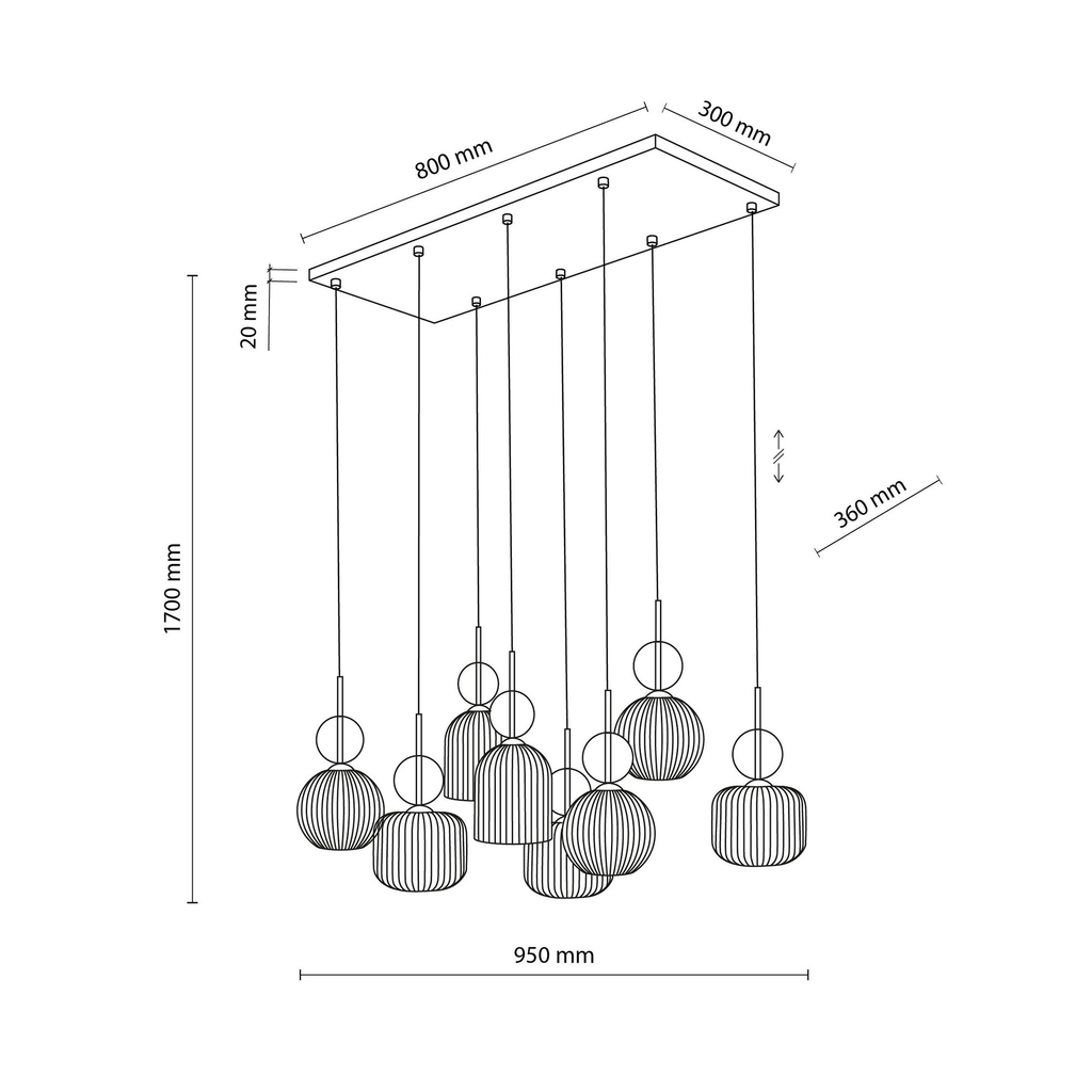 Závesné svietidlo s 8 tienidlami, obdĺžniková základňa SOPHIA COGNAC