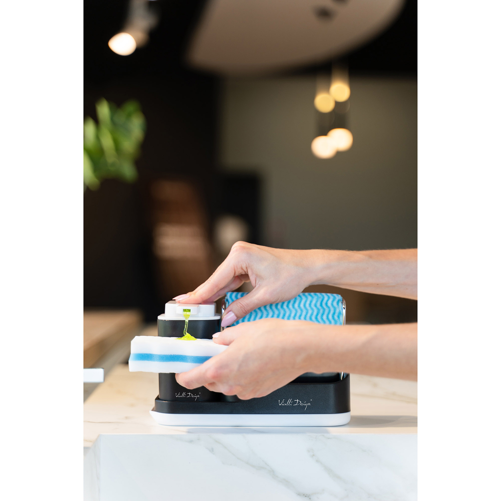 Kuchynský organizér s dávkovačom v čiernej farbe LIVIO DUO