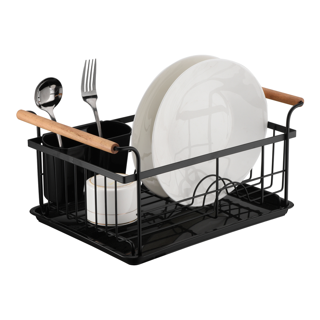 Sušička riadu s drevenými rukoväťami čierna 36x26x16,5 cm