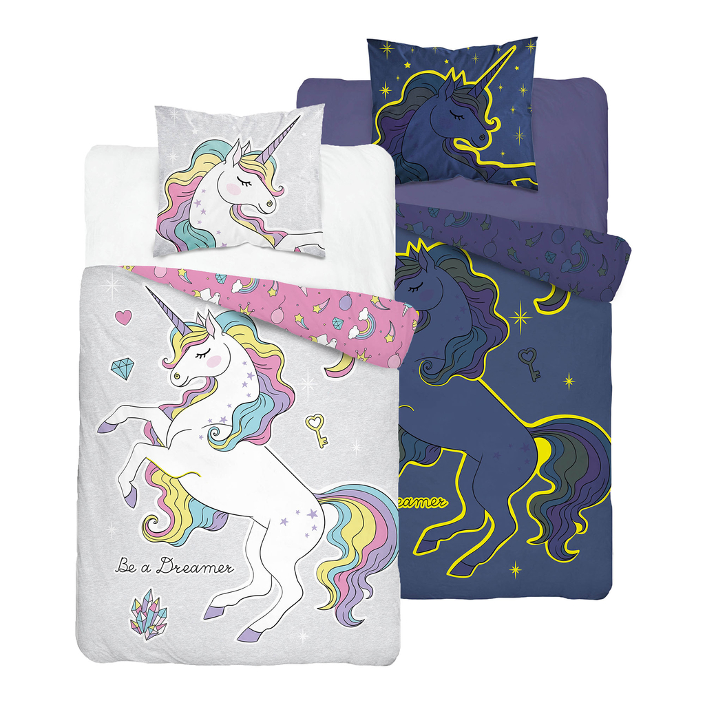 Detské obliečky so svietiacim efektom ružové FLUO JEDNOROŽEC 160x200 cm