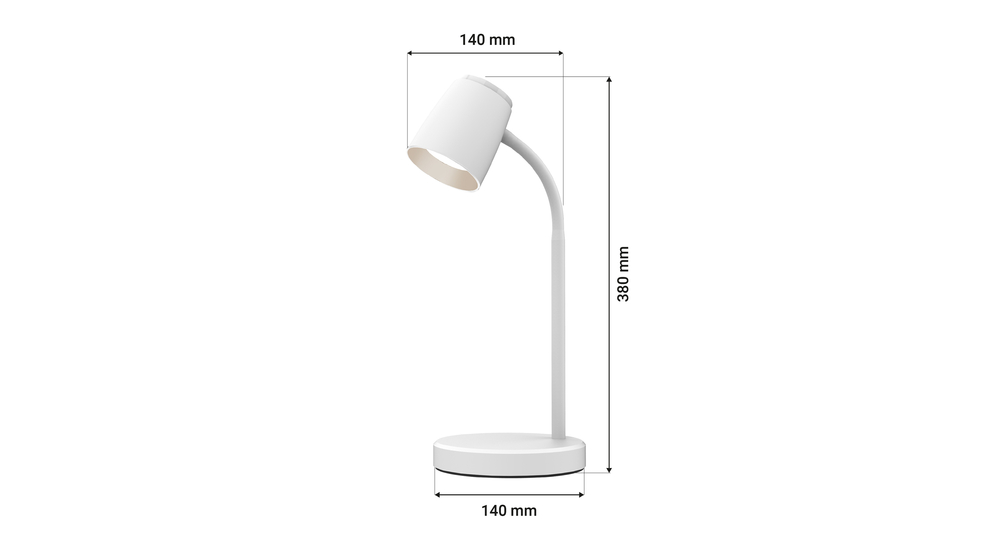 Lampa ORO VERO ma okrągłą podstawę o średnicy 14 cm, elastyczne ramię i klosz z wbudowanym oświetleniem LED.