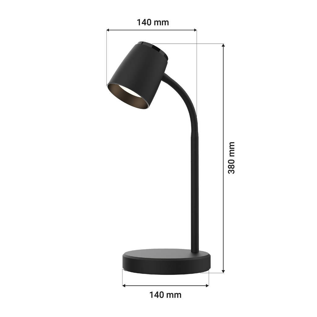 Czarna lampa biurkowa ORO VERO ma okrągłą podstawę o średnicy 14 cm, elastyczne ramię i klosz z wbudowanym oświetleniem LED.