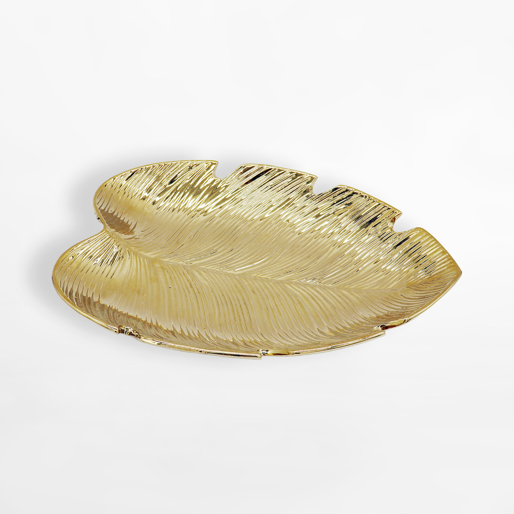 Zlatý dekoratívny tanier v tvare listu 31 cm