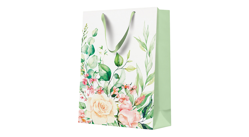 Biała-zielona torba na prezent w róże i zielone listki 
