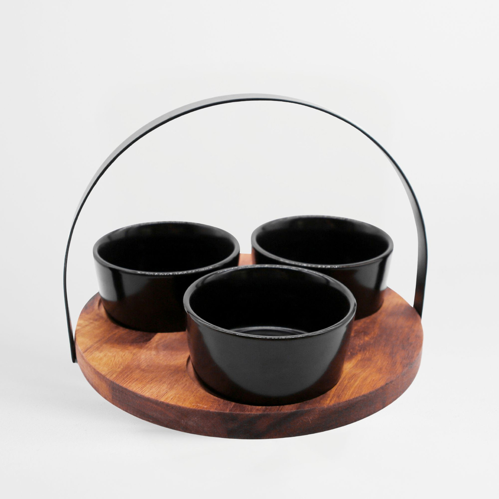 Súprava 3 misiek na akáciovom podstavci s rukoväťou 20 cm