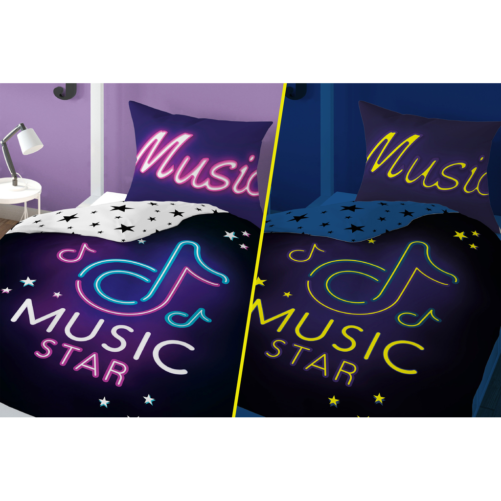 Posteľná bielizeň žiariaca v tme MUSIC STAR FLUO, tmavomodrá 140 x 200 cm