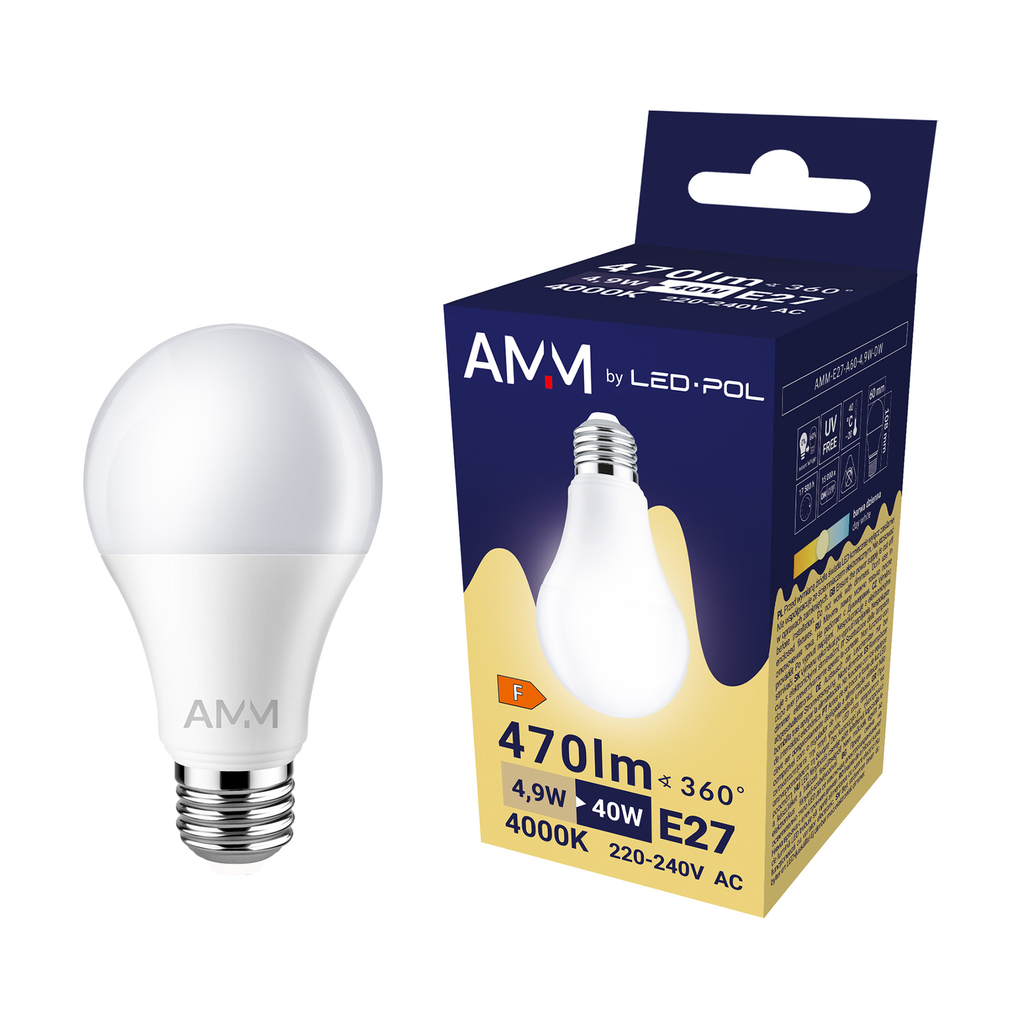Żarówka AMM-E27-A60-4,9W-DW emituje światło o neutralnej barwie – 4000K i strumieniu 470 lumenów.