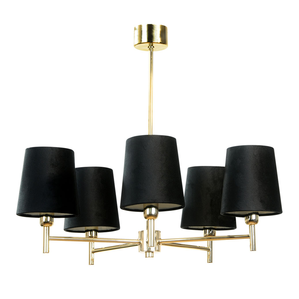 Czarno-złoty model lampy wiszącej  MOSSY posiada podstawę z 3 prostymi, wykończonymi złotym kolorem ramionami. Konstrukcję wieńczy 5 abażurów z tkaniny.