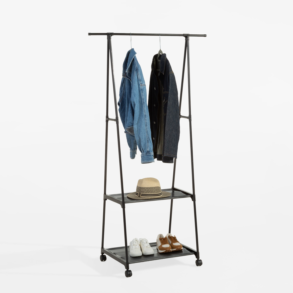 Stojací vešiak s policami, čierny, 84x48x156 cm