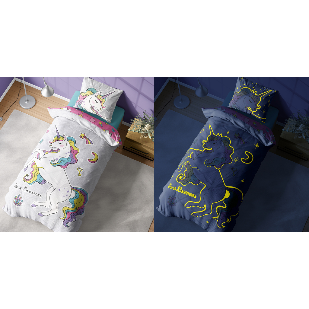 Detské obliečky so svietiacim efektom ružové FLUO JEDNOROŽEC 140x200 cm