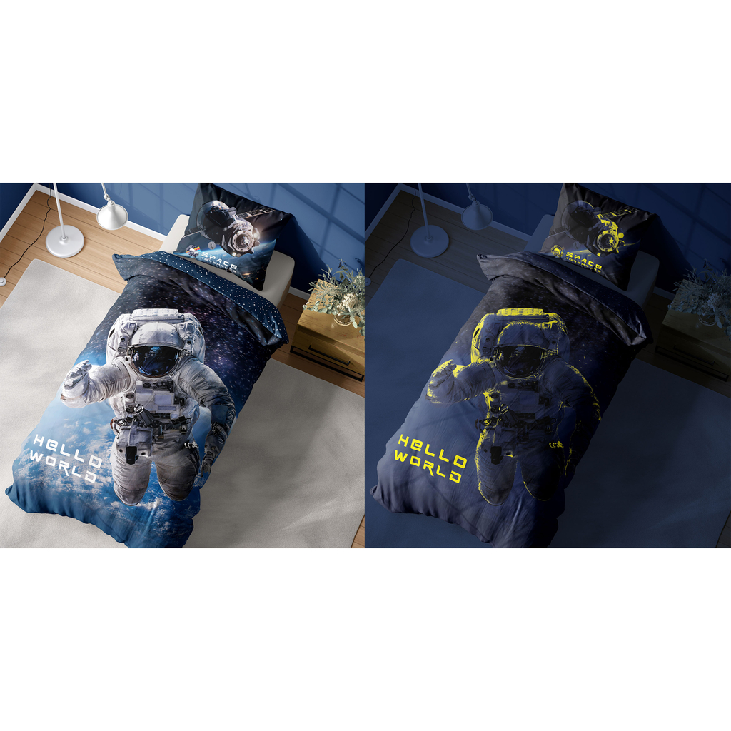 Detské obliečky so svietiacim efektom tmavomodré FLUO KOZMONAUT 140x200 cm
