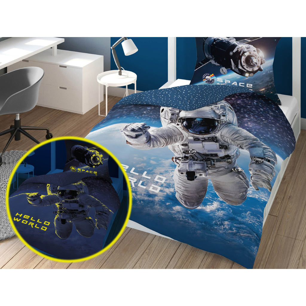 Detské obliečky so svietiacim efektom tmavomodré FLUO KOZMONAUT 140x200 cm